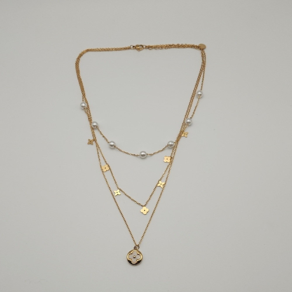 18K Gold Plated Layered Clover & Faux Pearl Station Necklace - Picture 3 of 10